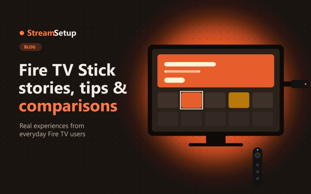 Fire TV Stick plugged into a TV showing the home screen